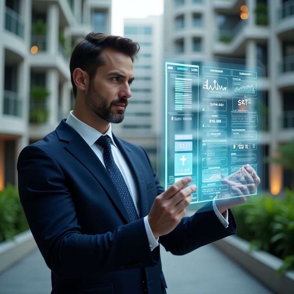 Ultra-realistic condo manager in a sleek navy suit, set in a modern luxury condominium environment with high-rise buildings and green landscaping, standing in a medium shot while reviewing a holographic budget breakdown and maintenance schedule, holographic icons of cost graphs and tools floating around, confident and focused expression, cinematic lighting, shallow depth of field, highly detailed textures, realistic skin, photographic realism, 8k resolution --ar 1:1 --v 6