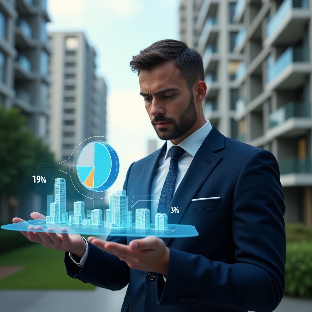 (Ultra-realistic condominium manager in a dark blue executive suit, set in a modern luxury condominium environment with high-rise buildings and green landscaping, analyzing a floating holographic pie chart representing unit fractional shares and rateio de despesas, confident and focused expression, holographic percentage icons and building model overlay, cinematic lighting, shallow depth of field, highly detailed textures, realistic skin, photographic realism, 8k resolution --ar 1:1 --v 6)