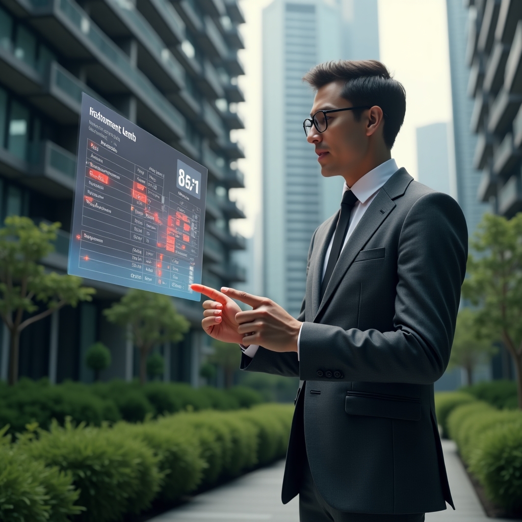 (Ultra-realistic condominium manager in a charcoal suit, set in a modern luxury condominium environment with high-rise buildings and lush green landscaping, medium shot, analyzing a floating holographic financial report with red error highlights, pointing thoughtfully at the ledger, holographic spreadsheet overlay symbolizing account transparency, cinematic lighting, shallow depth of field, highly detailed textures, realistic skin, photographic realism, 8k resolution --ar 1:1 --v 6)