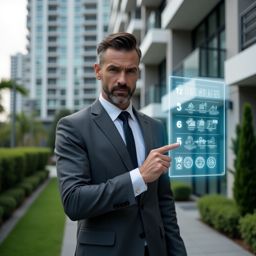 Ultra-realistic condo manager in a charcoal grey suit, set in a modern luxury condominium environment with high-rise buildings and manicured green landscaping, mid shot, pointing at a floating holographic checklist highlighting seven numbered errors, holographic warning icons and financial charts around, expression serious yet confident, cinematic lighting, shallow depth of field, highly detailed textures, realistic skin, photographic realism, 8k resolution --ar 1:1 --v 6