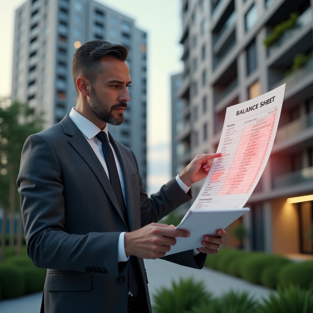 (Ultra-realistic condominium manager in a tailored charcoal gray suit, set in a modern luxury condominium environment with high-rise buildings and manicured gardens, reviewing financial documents with a serious expression, pointing at a floating holographic balance sheet marked with red warning icons representing accounting errors, cinematic lighting, shallow depth of field, highly detailed textures, realistic skin, photographic realism, 8k resolution --ar 1:1 --v 6)