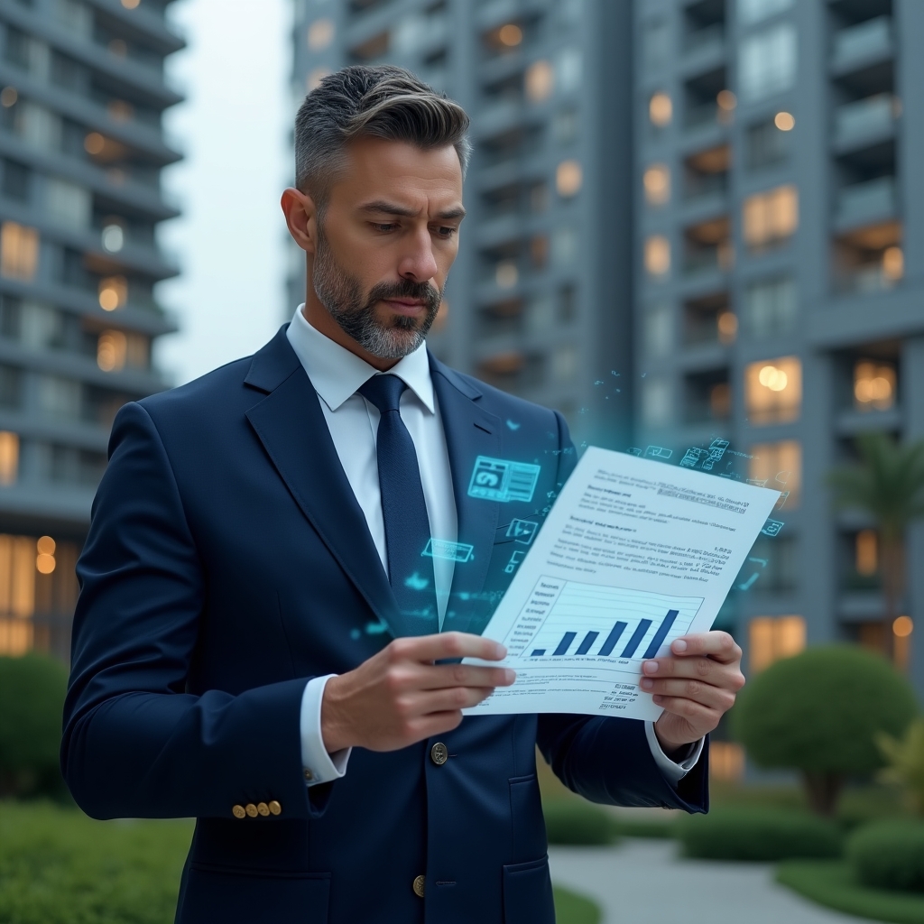 Ultra-realistic condo manager in a tailored navy blue suit, set in a modern luxury condominium environment with high-rise buildings and green landscaping, holding a financial report and analyzing a holographic balance sheet floating before them, glowing chart and calculator icons symbolizing transparency, focused and confident expression, cinematic lighting, shallow depth of field, highly detailed textures, realistic skin, photographic realism, 8k resolution --ar 1:1 --v 6