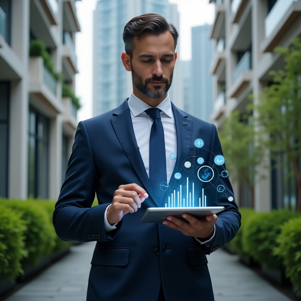 Ultra-realistic condominium manager in a navy blue tailored suit, set in a modern luxury condominium environment with high-rise buildings and lush green landscaping, confidently holding a digital tablet displaying holographic financial charts and graphs, surrounded by floating icons of coins and bar graphs, cinematic lighting, shallow depth of field, highly detailed textures, realistic skin, photographic realism, 8k resolution --ar 1:1 --v 6