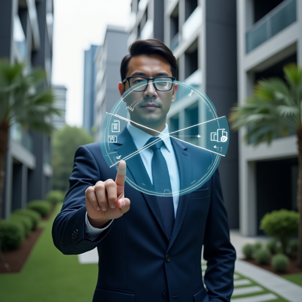 (Ultra-realistic condominium manager in a tailored navy suit, set in a modern luxury condominium environment with high-rise buildings and manicured green landscaping, mid shot showing them confidently pointing at a glowing holographic pie chart representing unit fractions, holographic icons of checklists and digital reports floating around, cinematic lighting, shallow depth of field, highly detailed textures, realistic skin, photographic realism, 8k resolution --ar 1:1 --v 6)