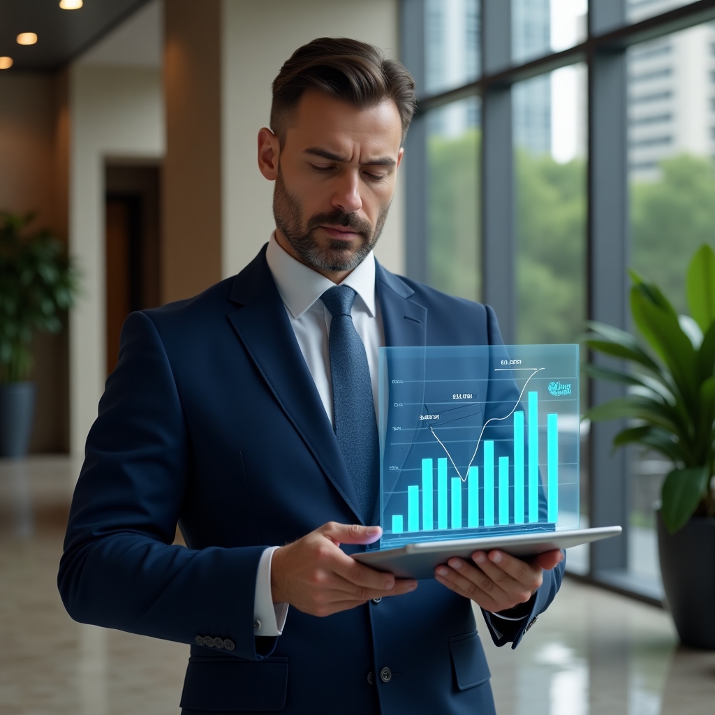 (Ultra-realistic condominium manager in a tailored navy-blue suit, set in a modern luxury condominium environment with high-rise buildings and lush green landscaping, standing in a refined lobby, analyzing a holographic bar chart showing declining delinquency rates, holding a sleek tablet with financial graphs, confident and focused expression, cinematic lighting, shallow depth of field, highly detailed textures, realistic skin, photographic realism, 8k resolution --ar 1:1 --v 6)