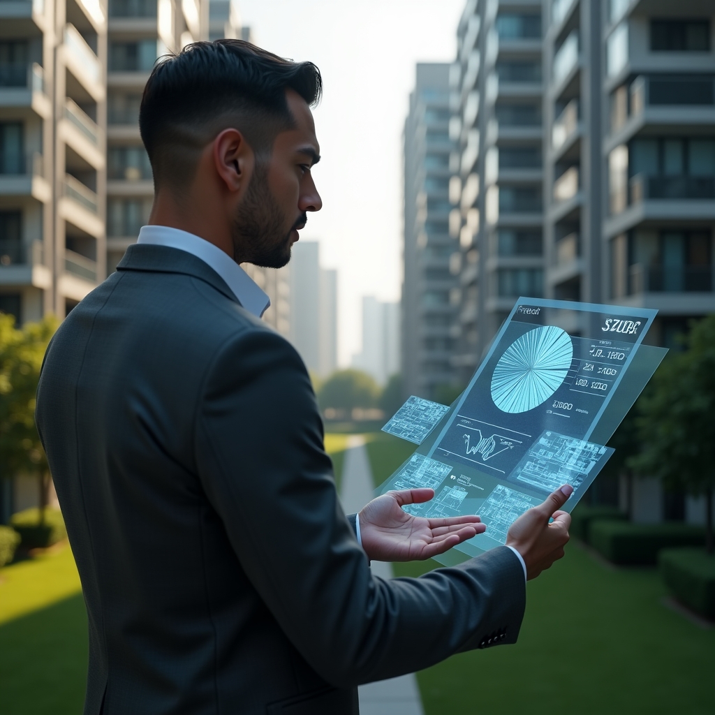 (Ultra-realistic condominium manager in a charcoal gray suit, set in a modern luxury condominium environment with high-rise buildings and manicured green landscaping, inspecting a holographic pie chart representing fração ideal calculations, floating holographic floor plans beside them, confident and focused expression, cinematic lighting, shallow depth of field, highly detailed textures, realistic skin, photographic realism, 8k resolution --ar 1:1 --v 6)