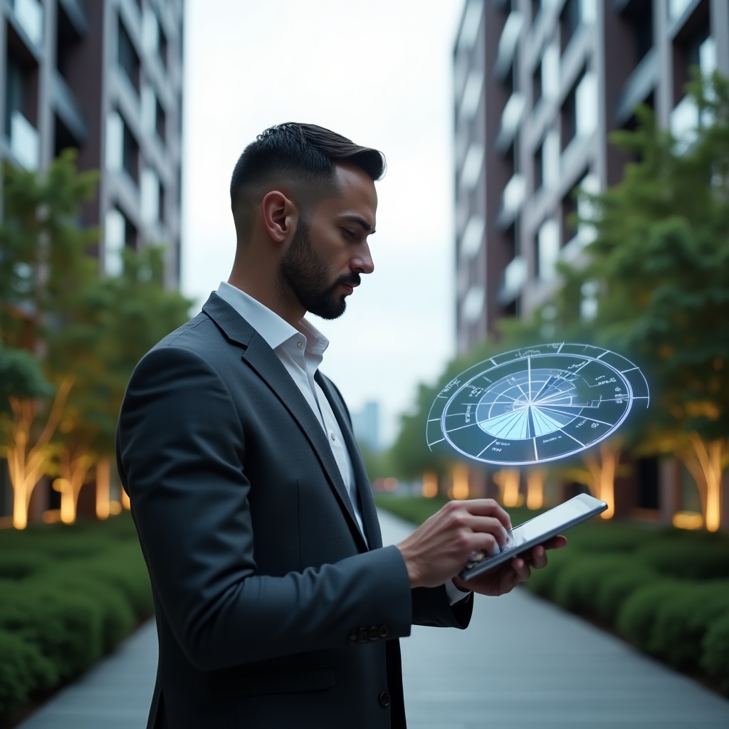 (Ultra-realistic property consultant in a charcoal gray suit, set in a modern luxury condominium environment with high-rise buildings and lush green landscaping, holding a tablet and thoughtfully analyzing a floating holographic pie chart representing unit fractions, subtle blueprints overlay in the background, cinematic lighting, shallow depth of field, highly detailed textures, realistic skin, photographic realism, 8k resolution --ar 1:1 --v 6)