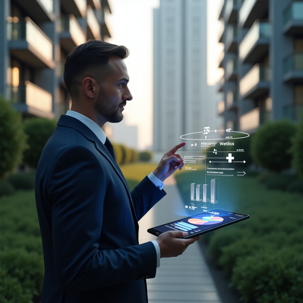 (Ultra-realistic condominium manager in a tailored navy blue suit, set in a modern luxury condominium environment with high-rise buildings and lush green landscaping, holding a tablet displaying a floating 3D pie chart of unit shares and thoughtfully pointing at the holographic fractions, symbolic hologram of fraction ideal calculations overhead, cinematic lighting, shallow depth of field, highly detailed textures, realistic skin, photographic realism, 8k resolution --ar 1:1 --v 6)