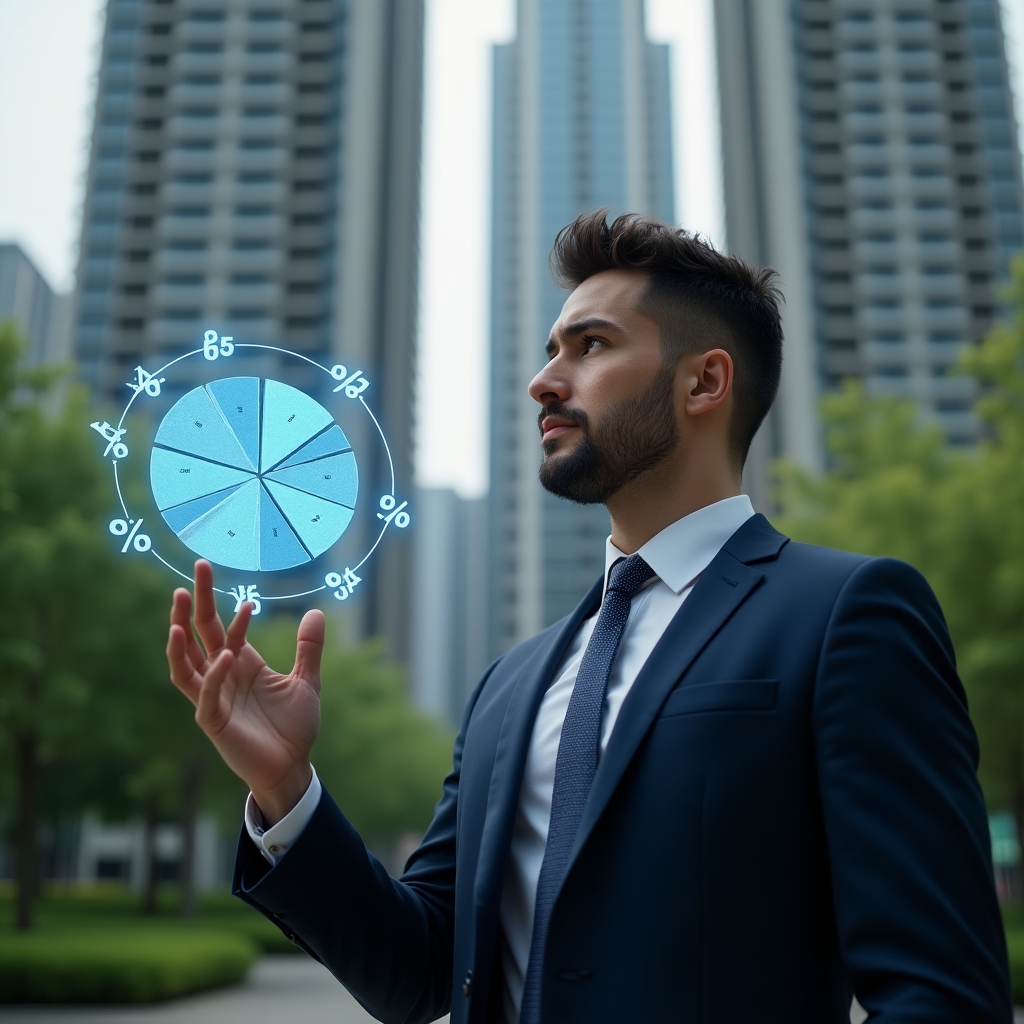 (Ultra-realistic condominium manager in a tailored navy suit, set in a modern luxury condominium environment with high-rise buildings and lush green landscaping, gazing thoughtfully at a floating holographic pie chart illustrating unit fractions, surrounded by translucent percentage symbols, cinematic lighting, shallow depth of field, highly detailed textures, realistic skin, photographic realism, 8k resolution --ar 1:1 --v 6)