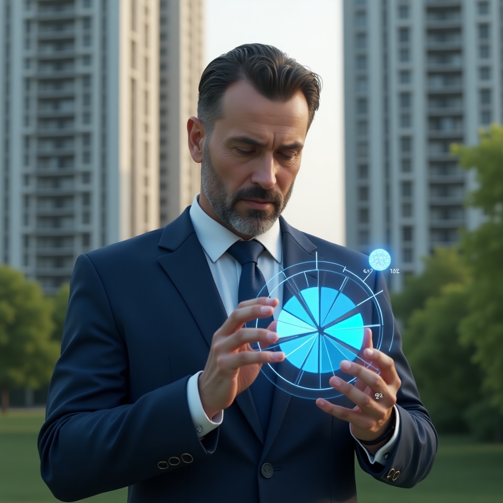 (Ultra-realistic condominium manager in a navy blue suit, set in a modern luxury condominium environment with high-rise buildings and green landscaping, analyzing a holographic pie chart representing ideal fractions with a confident, thoughtful expression, cinematic lighting, shallow depth of field, highly detailed textures, realistic skin, photographic realism, 8k resolution --ar 1:1 --v 6)