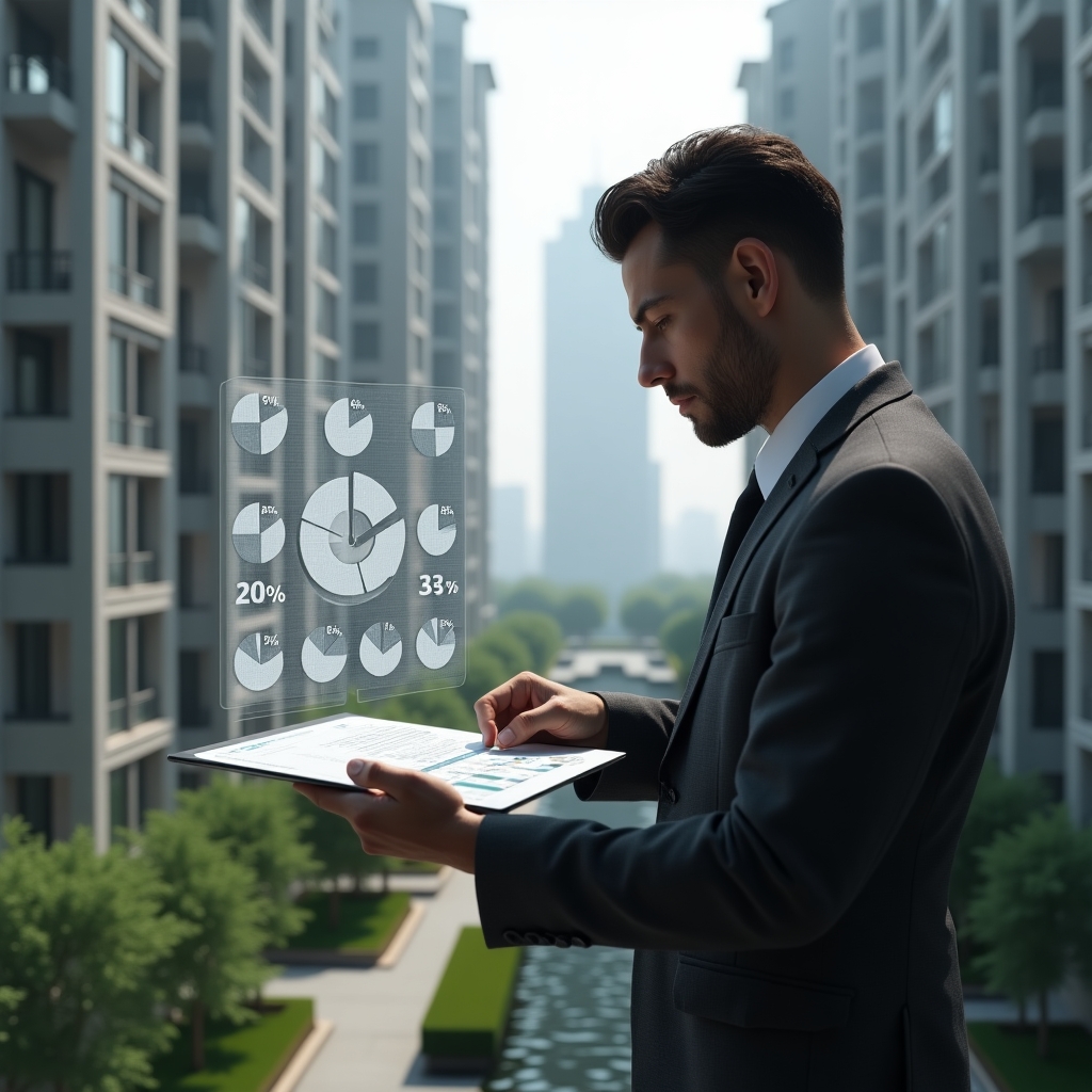 Ultra-realistic condominium manager in a tailored dark gray suit, set in a modern luxury condominium environment with high-rise buildings and manicured green landscaping, analyzing a holographic floor plan and floating percentage icons to calculate ideal fractions, with a transparent 3D pie chart overlay, cinematic lighting, shallow depth of field, highly detailed textures, realistic skin, photographic realism, 8k resolution --ar 1:1 --v 6