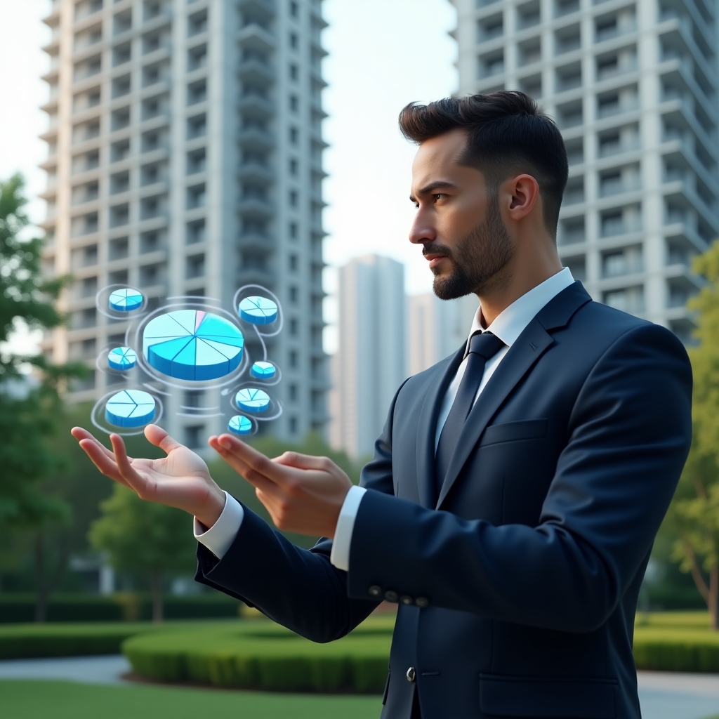 (Ultra-realistic condominium manager in a navy suit, set in a modern luxury condominium environment with high-rise buildings and manicured green landscaping, examining a holographic pie chart of ideal fractions with a thoughtful expression, gesture pointing to segmented 3D fraction models hovering mid-air, cinematic lighting, shallow depth of field, highly detailed textures, realistic skin, photographic realism, 8k resolution --ar 1:1 --v 6)
