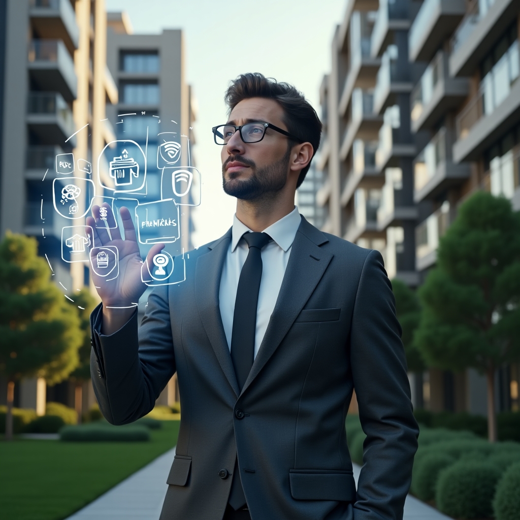 (Ultra-realistic condominium manager in a charcoal gray suit, set in a modern luxury condominium environment with high-rise buildings and manicured green landscaping, interacting with a holographic digital interface displaying icons for finances, communications and reservations, confident and focused expression, cinematic lighting, shallow depth of field, highly detailed textures, realistic skin, photographic realism, 8k resolution --ar 1:1 --v 6)