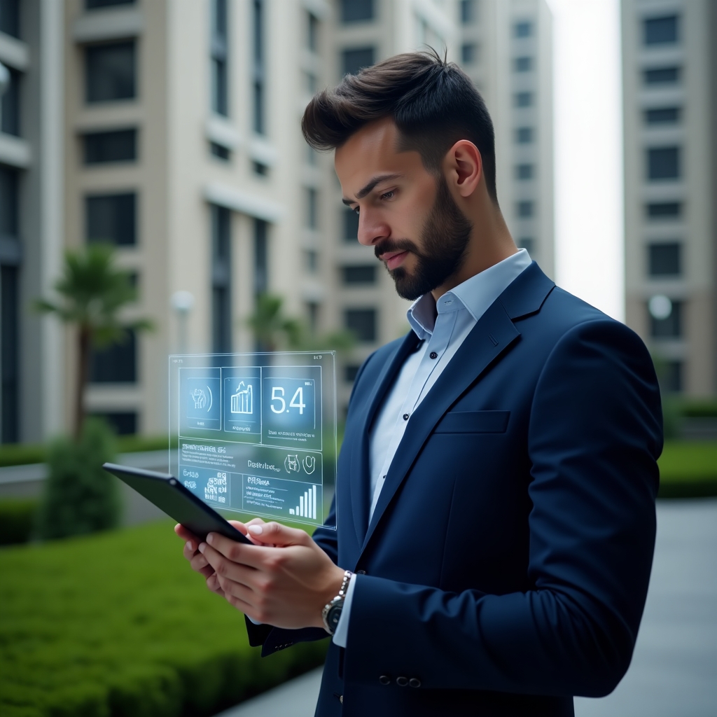 (Ultra-realistic condominium manager in a navy suit, set in a modern luxury condominium environment with high-rise buildings and well-kept green landscaping, confidently analyzing a tablet displaying a holographic condominium management dashboard with glowing app icons and performance charts, cinematic lighting, shallow depth of field, highly detailed textures, realistic skin, photographic realism, 8k resolution --ar 1:1 --v 6)