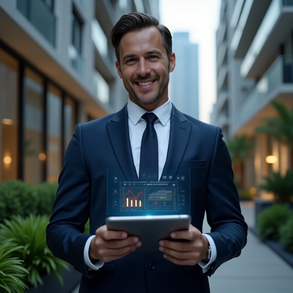 Ultra-realistic condominium manager in a dark blue suit, set in a modern luxury condominium environment with high-rise buildings and green landscaping, medium shot of a confident property manager holding a tablet displaying a holographic condominium management app interface, cinematic lighting, shallow depth of field, highly detailed textures, realistic skin, photographic realism, 8k resolution --ar 1:1 --v 6