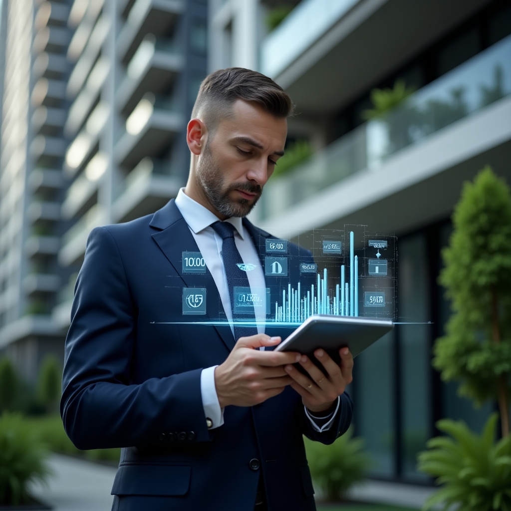 (Ultra-realistic condominium manager in a navy tailored suit, set in a modern luxury condominium environment with high-rise buildings and lush green landscaping, examining holographic financial charts projected from a tablet with focused and confident expression, transparent ledger icons floating around, cinematic lighting, shallow depth of field, highly detailed textures, realistic skin, photographic realism, 8k resolution --ar 1:1 --v 6)
