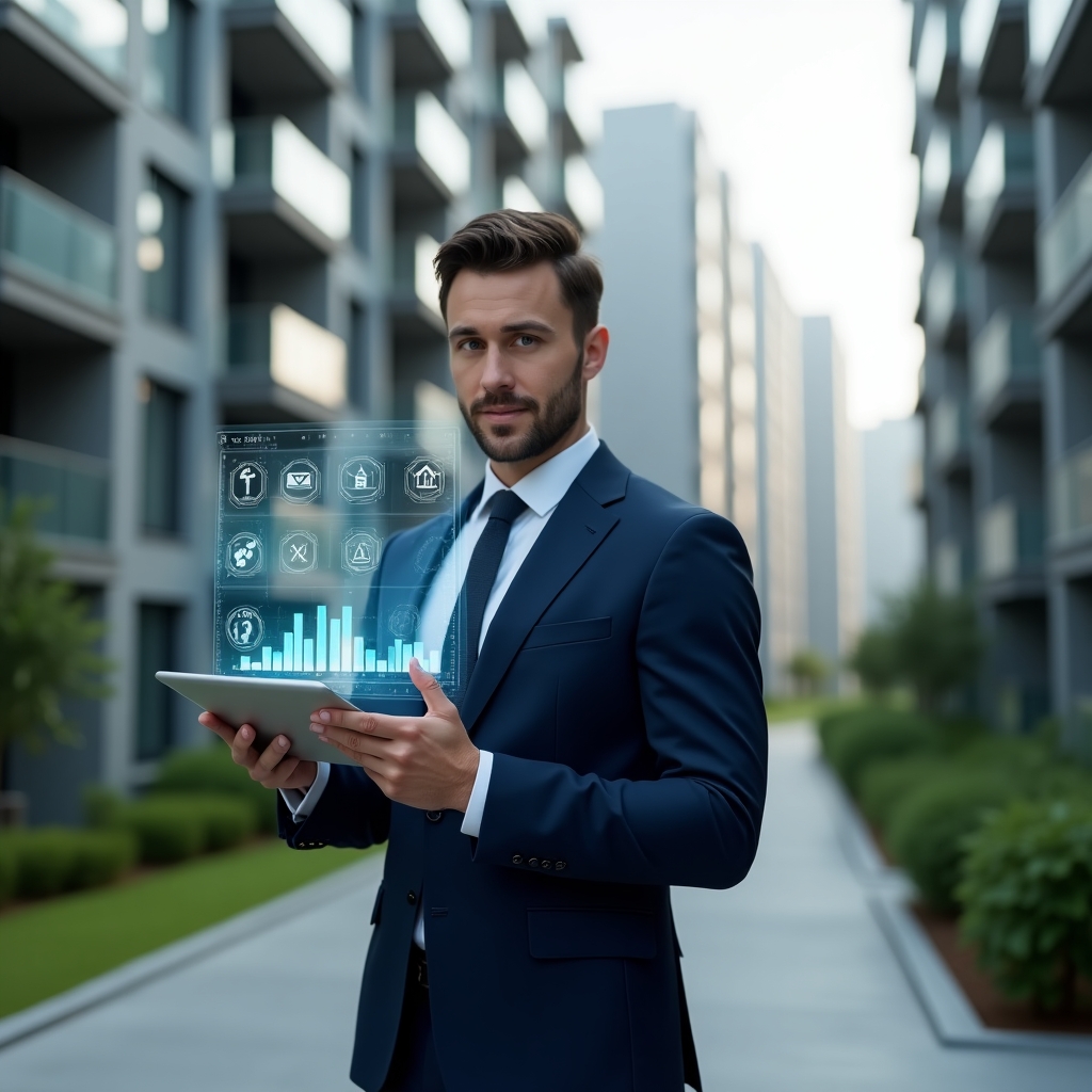 Ultra-realistic condominium manager in a navy tailored suit, set in a modern luxury condominium environment with high-rise buildings and manicured green landscaping, holding a transparent tablet projecting a holographic app interface with charts, icons and graphs, confidently analyzing data, cinematic lighting, shallow depth of field, highly detailed textures, realistic skin, photographic realism, 8k resolution --ar 1:1 --v 6