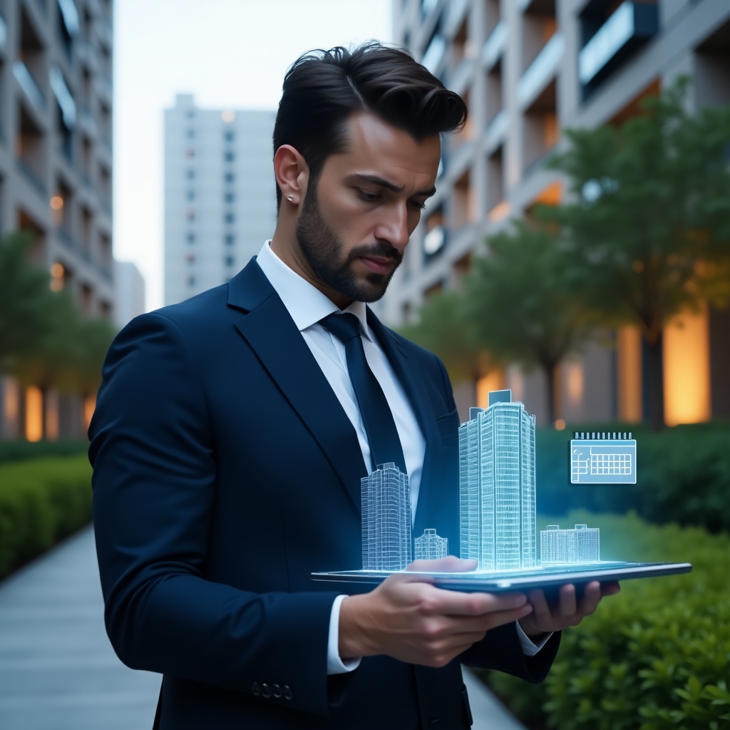 (Ultra-realistic condominium manager in a dark blue executive suit, set in a modern luxury condominium environment with high-rise buildings and manicured green landscaping, reviewing a holographic condominium management app interface on a transparent tablet, confident and focused expression, subtle iconography of building and calendar floating beside them, cinematic lighting, shallow depth of field, highly detailed textures, realistic skin, photographic realism, 8k resolution --ar 1:1 --v 6)