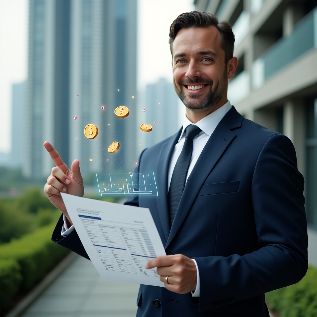 (Ultra-realistic condominium manager in a navy suit, set in a modern luxury condominium environment with high-rise buildings and green landscaping, mid shot holding a digital holographic budget sheet and pointing at a transparent expense chart, floating holographic icons of coins and checkmarks symbolizing approval, confident and focused expression, cinematic lighting, shallow depth of field, highly detailed textures, realistic skin, photographic realism, 8k resolution --ar 1:1 --v 6)