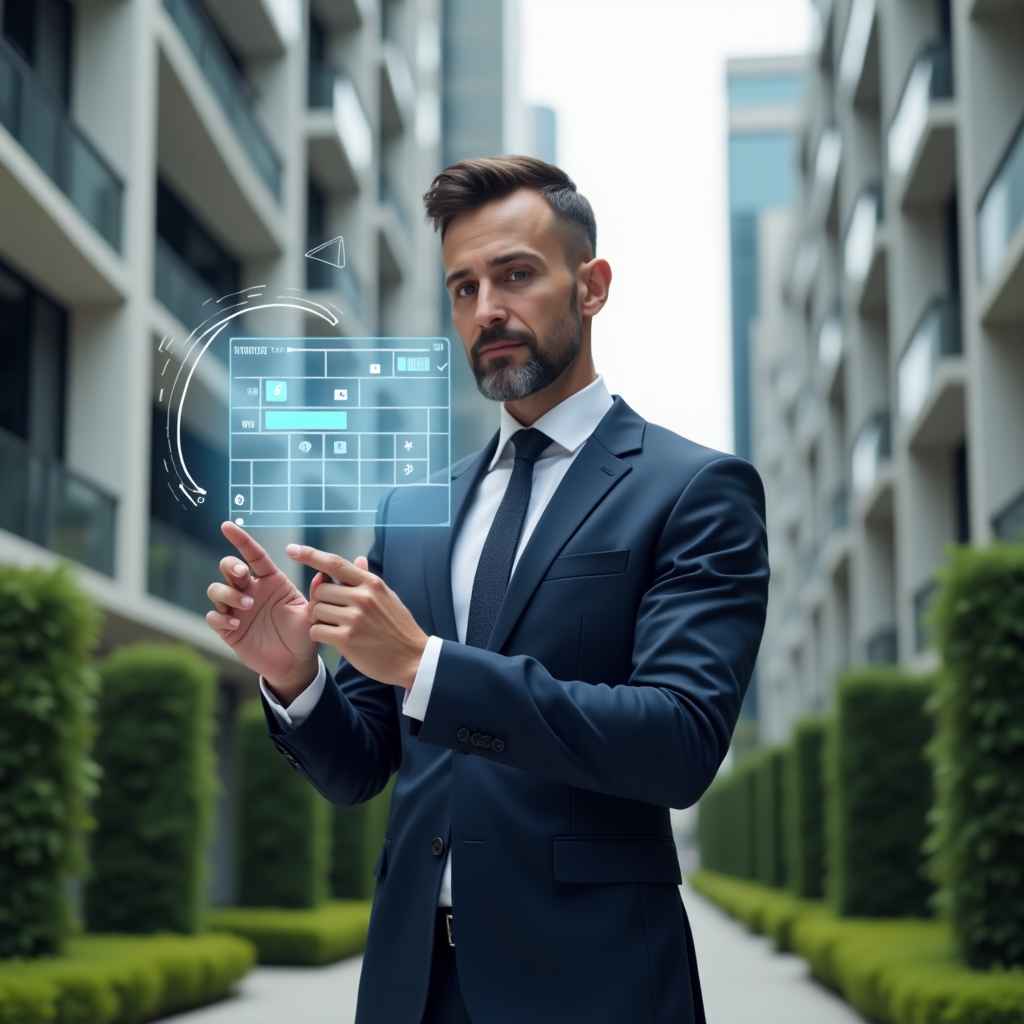 (Ultra-realistic condominium manager in a tailored navy suit, set in a modern luxury condominium environment with high-rise buildings and manicured green landscaping, standing in a medium shot while examining a floating digital schedule hologram and pointing to marked timeline tasks, with semi-transparent calendar and checklist icons orbiting around, confident and focused expression, cinematic lighting, shallow depth of field, highly detailed textures, realistic skin, photographic realism, 8k resolution --ar 1:1 --v 6)