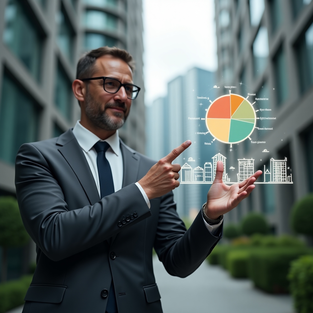 (Ultra-realistic condominium manager in a charcoal gray suit, set in a modern luxury condominium environment with high-rise buildings and green landscaping, confidently pointing at a floating holographic pie chart representing unit share fractions, holographic icons of buildings and currency symbols illustrating rights and duties, cinematic lighting, shallow depth of field, highly detailed textures, realistic skin, photographic realism, 8k resolution --ar 1:1 --v 6)