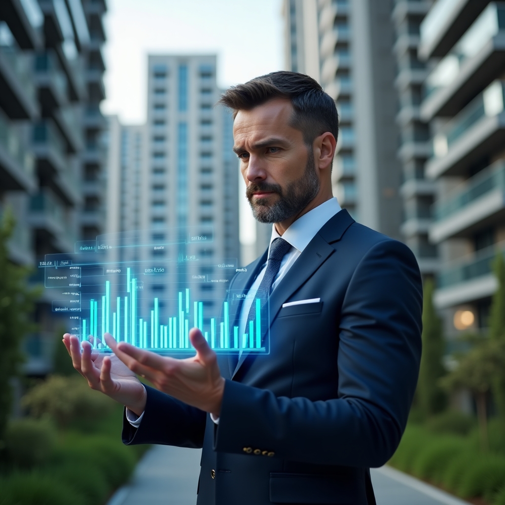 (Ultra-realistic condominium manager in a navy blue suit, set in a modern luxury condominium environment with high-rise buildings and green landscaping, medium shot, confidently analyzing floating holographic financial charts and bar graphs representing key performance indicators, cinematic lighting, shallow depth of field, highly detailed textures, realistic skin, photographic realism, 8k resolution --ar 1:1 --v 6)