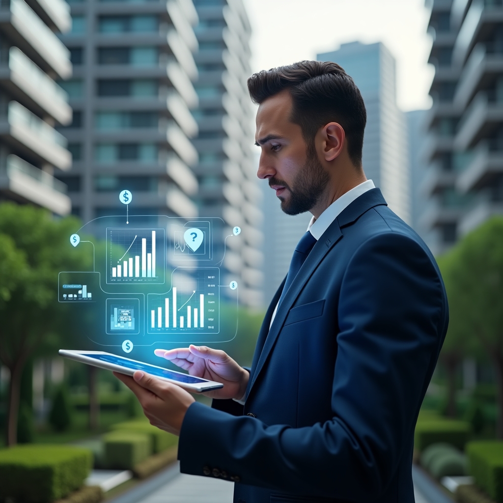 Ultra-realistic condominium manager in a navy blue executive suit, set in a modern luxury condominium environment with high-rise buildings and manicured green landscaping, analyzing holographic financial charts projected from a sleek tablet, surrounded by floating icons of graphs and currency symbols, cinematic lighting, shallow depth of field, highly detailed textures, realistic skin, photographic realism, 8k resolution --ar 1:1 --v 6