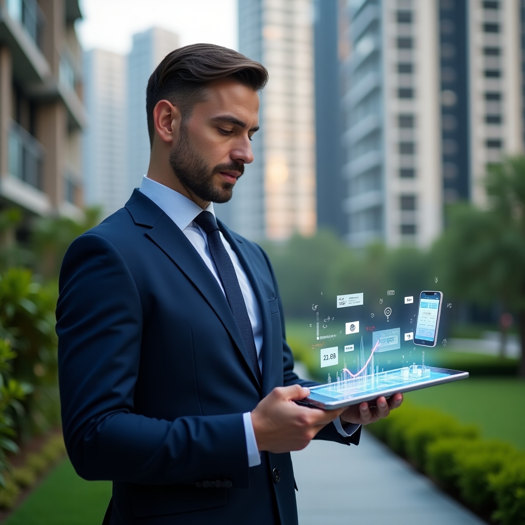 (Ultra-realistic condominium manager in a tailored navy suit, set in a modern luxury condominium environment with high-rise buildings and manicured green landscaping, holding a transparent tablet displaying holographic financial graphs and app icons, confidently analyzing rapid ROI projections, subtle floating holograms of a smartphone with a condominium management app, cinematic lighting, shallow depth of field, highly detailed textures, realistic skin, photographic realism, 8k resolution --ar 1:1 --v 6)