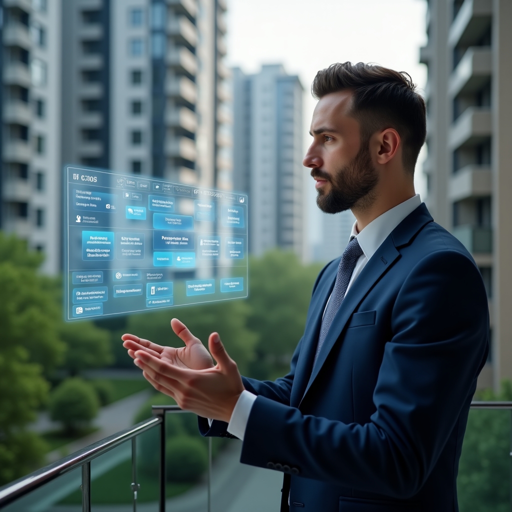 Ultra-realistic condominium manager in a navy suit, set in a modern luxury condominium environment with high-rise buildings and lush green landscaping, reviewing a floating holographic activity calendar with maintenance and assembly icons, confident and focused expression, cinematic lighting, shallow depth of field, highly detailed textures, realistic skin, photographic realism, 8k resolution --ar 1:1 --v 6