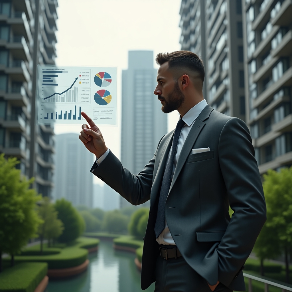 (Ultra-realistic condominium manager in a charcoal gray suit, set in a modern luxury condominium environment with high-rise buildings and lush green landscaping, viewing and pointing at a floating holographic financial report with pie charts and bar graphs, conveying confidence and focus, cinematic lighting, shallow depth of field, highly detailed textures, realistic skin, photographic realism, 8k resolution --ar 1:1 --v 6)