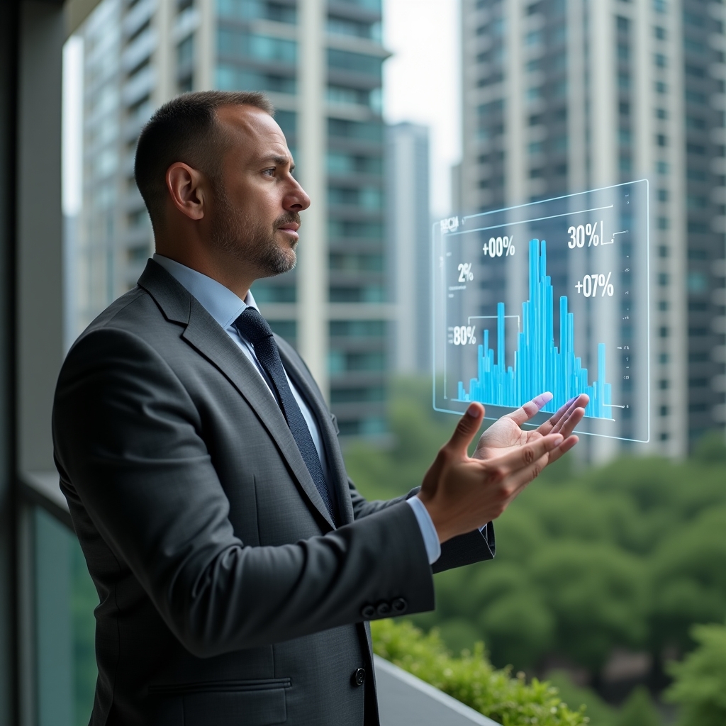 Ultra-realistic condominium manager in a tailored charcoal gray suit, set in a modern luxury condominium environment with high-rise buildings and lush green landscaping, analyzing a holographic bar chart showing a 30% cost reduction, confident and thoughtful expression, cinematic lighting, shallow depth of field, highly detailed textures, realistic skin, photographic realism, 8k resolution --ar 1:1 --v 6