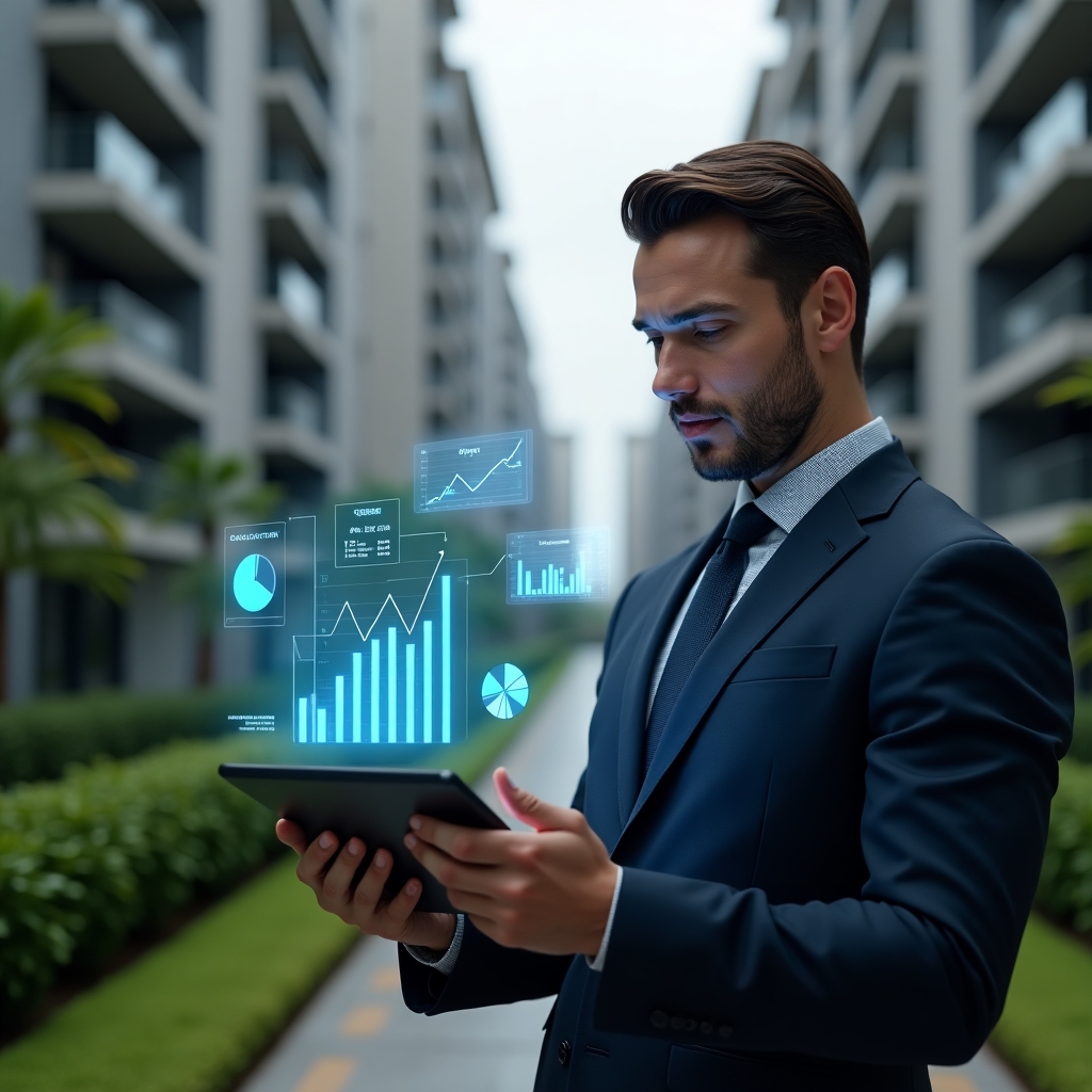(Ultra-realistic condominium manager in a dark navy suit, set in a modern luxury condominium environment with high-rise buildings and manicured green landscaping, examining a holographic financial report floating above a tablet, with glowing pie charts and bar graphs surrounding them, confident and focused expression, cinematic lighting, shallow depth of field, highly detailed textures, realistic skin, photographic realism, 8k resolution --ar 1:1 --v 6)