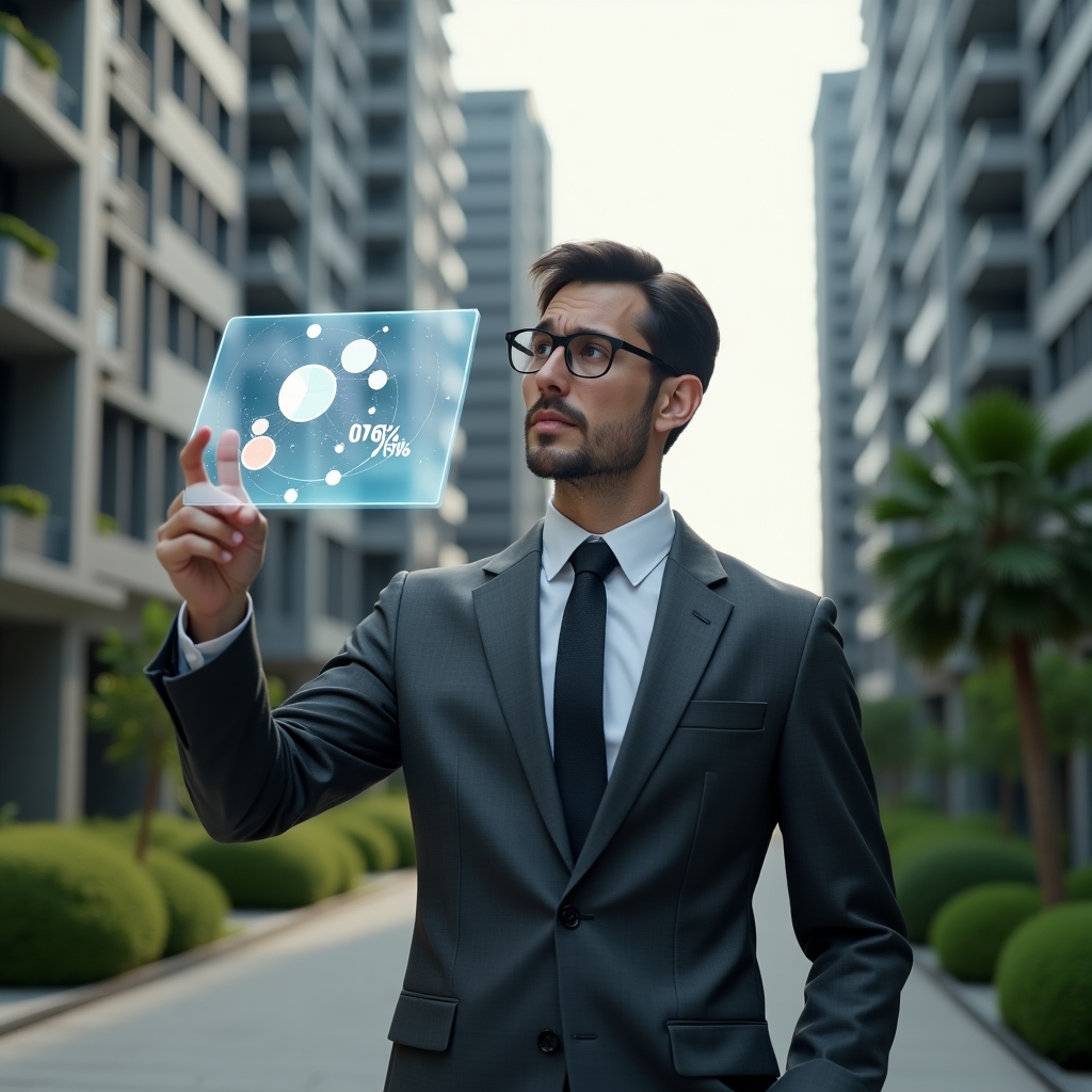 Ultra-realistic condominium manager in a charcoal gray tailored suit, set in a modern luxury condominium environment with high-rise buildings and manicured green landscaping, pointing thoughtfully at a floating holographic 3D pie chart and quorum percentage icons representing fraction ideal distribution, confident expression, cinematic lighting, shallow depth of field, highly detailed textures, realistic skin, photographic realism, 8k resolution --ar 1:1 --v 6
