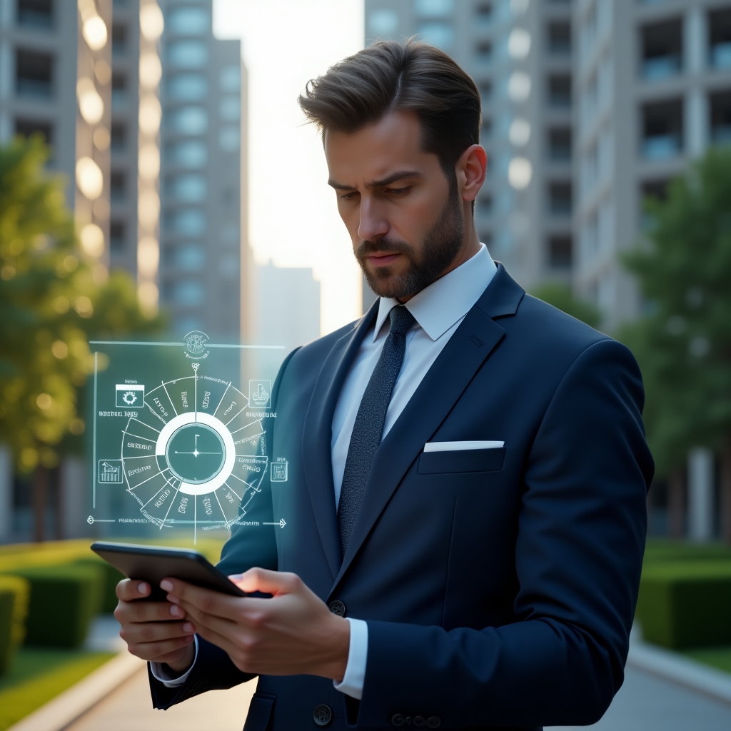 (Ultra-realistic property manager in a tailored navy suit, set in a modern luxury condominium environment with high-rise buildings and manicured green landscaping, analyzing a holographic pie chart representing unit fractions over a sleek digital tablet, confident and focused expression, symbolic floating fraction ideal icons and financial graphs around the figure, cinematic lighting, shallow depth of field, highly detailed textures, realistic skin, photographic realism, 8k resolution --ar 1:1 --v 6)