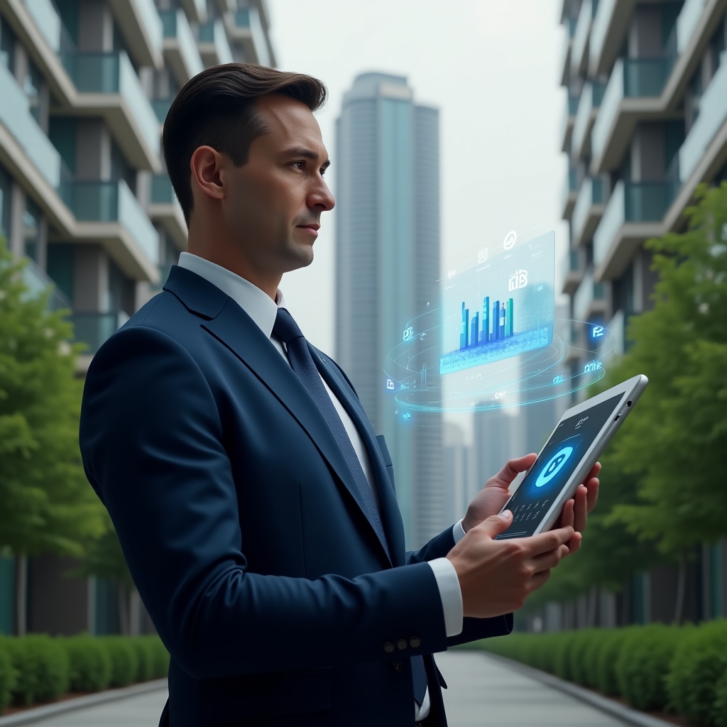 (Ultra-realistic condominium manager in a navy blue tailored suit, set in a modern luxury condominium environment with high-rise buildings and lush green landscaping, mid-shot of the manager holding a tablet displaying a floating holographic financial report, holographic icons of charts and graphs circling around, confident and focused expression, cinematic lighting, shallow depth of field, highly detailed textures, realistic skin, photographic realism, 8k resolution --ar 1:1 --v 6)