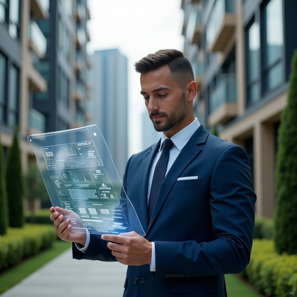 Ultra-realistic condominium manager in a navy blue suit, set in a modern luxury condominium environment with high-rise buildings and manicured green landscaping, reviewing a transparent holographic financial report with charts and graphs, confident and focused expression, cinematic lighting, shallow depth of field, highly detailed textures, realistic skin, photographic realism, 8k resolution --ar 1:1 --v 6