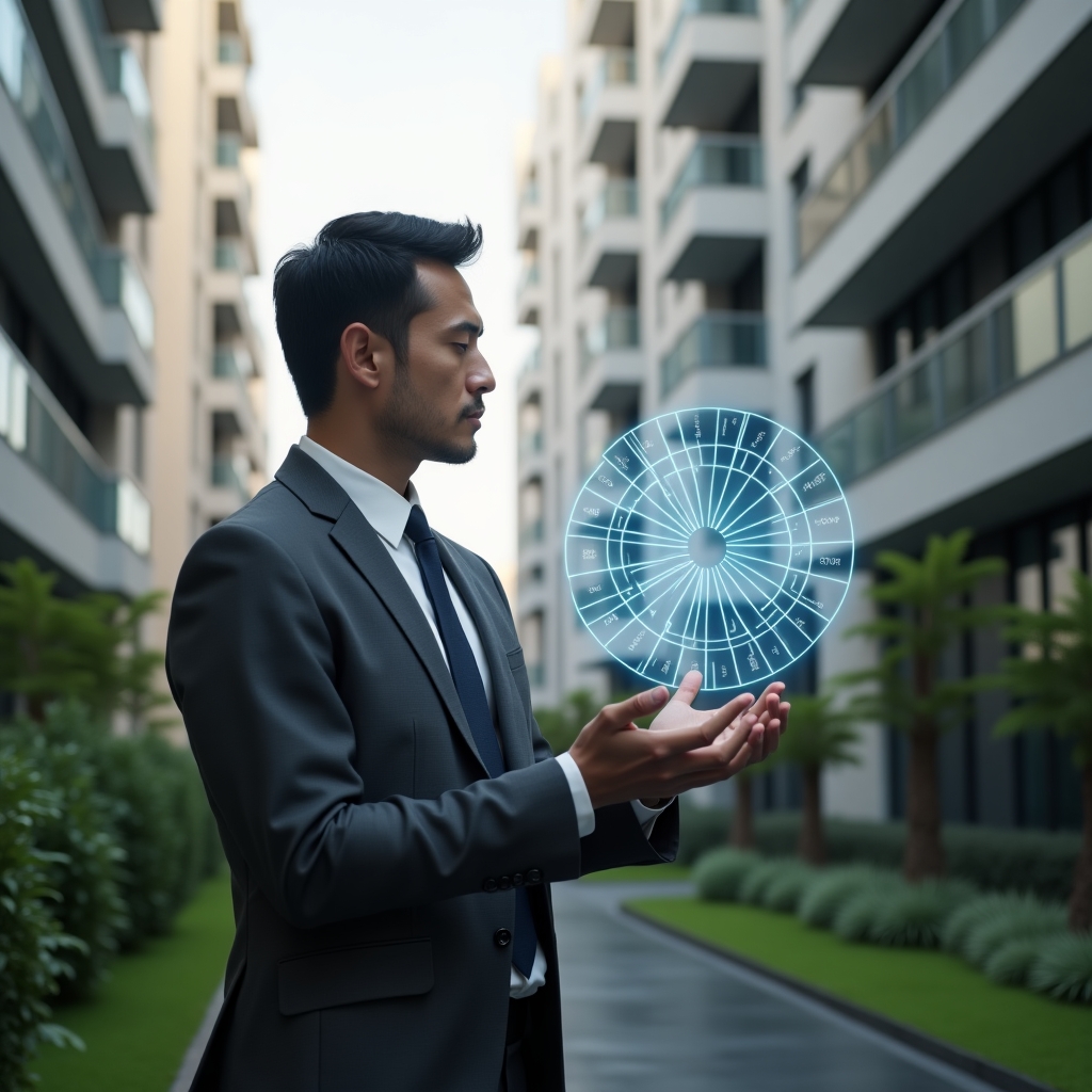 Ultra-realistic condominium manager in a charcoal gray executive suit, set in a modern luxury condominium environment with high-rise buildings and meticulously landscaped greenery, examining a floating holographic pie chart that represents fractional expense shares, thoughtful expression, cinematic lighting, shallow depth of field, highly detailed textures, realistic skin, photographic realism, 8k resolution --ar 1:1 --v 6