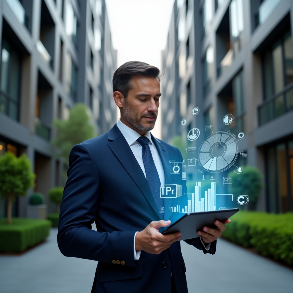 (Ultra-realistic condominium manager in a dark blue suit, set in a modern luxury condominium environment with high-rise buildings and manicured green landscaping, holding a tablet displaying a holographic pie chart illustrating unit fractions, analyzing financial data with a thoughtful expression, floating icons of currency symbols and building blueprints around, cinematic lighting, shallow depth of field, highly detailed textures, realistic skin, photographic realism, 8k resolution --ar 1:1 --v 6)