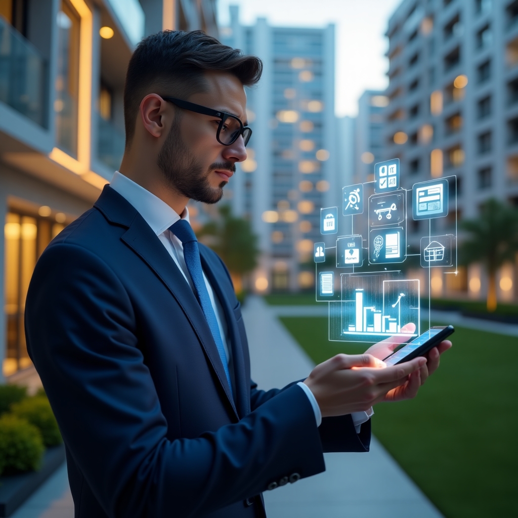 (Ultra-realistic condominium manager in a navy blue executive suit, set in a modern luxury condominium environment with high-rise buildings and manicured green landscaping, confidently interacting with a floating holographic smartphone interface displaying building analytics, glowing app icons and digital charts symbolizing efficient management, cinematic lighting, shallow depth of field, highly detailed textures, realistic skin, photographic realism, 8k resolution --ar 1:1 --v 6)