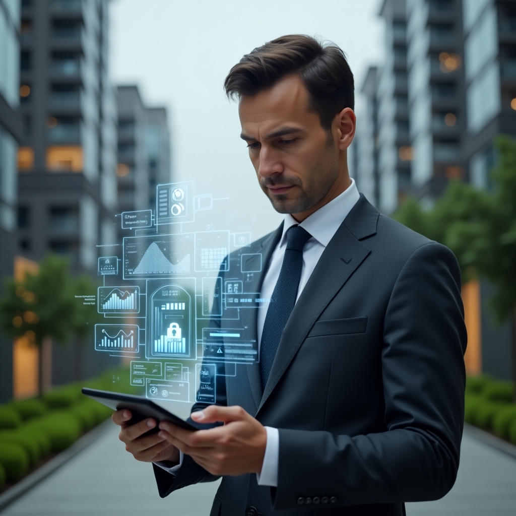 Ultra-realistic condominium manager in a dark gray executive suit, set in a modern luxury condominium environment with high-rise buildings and manicured green landscaping, interacting with a holographic condominium management app interface displaying charts and icons above a tablet, confident and focused expression, floating security badge and cost-saving graph symbols, cinematic lighting, shallow depth of field, highly detailed textures, realistic skin, photographic realism, 8k resolution --ar 1:1 --v 6