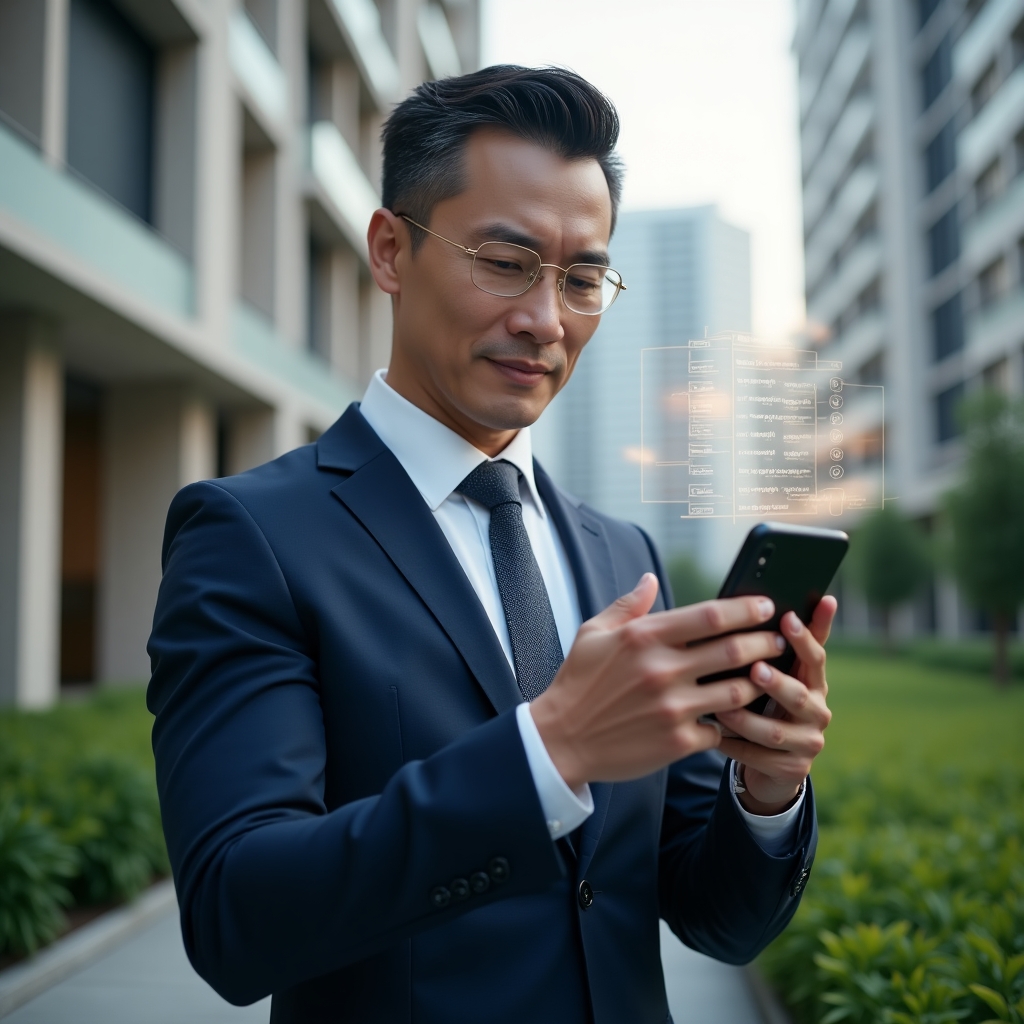 Ultra-realistic condominium manager in a navy executive suit, set in a modern luxury condominium environment with high-rise buildings and manicured green landscaping, holding a smartphone and interacting with floating holographic notifications and parcel icons, confident and determined expression, cinematic lighting, shallow depth of field, highly detailed textures, realistic skin, photographic realism, 8k resolution --ar 1:1 --v 6