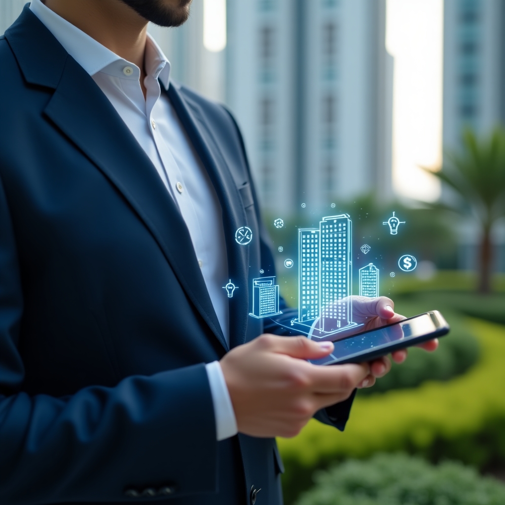 Ultra-realistic condominium manager in a navy executive suit, set in a modern luxury condominium environment with high-rise buildings and lush green landscaping, medium shot close-up of the manager confidently tapping a holographic smartphone interface displaying communication, security, and financial icons, floating translucent condo building holograms around, cinematic lighting, shallow depth of field, highly detailed textures, realistic skin, photographic realism, 8k resolution --ar 1:1 --v 6