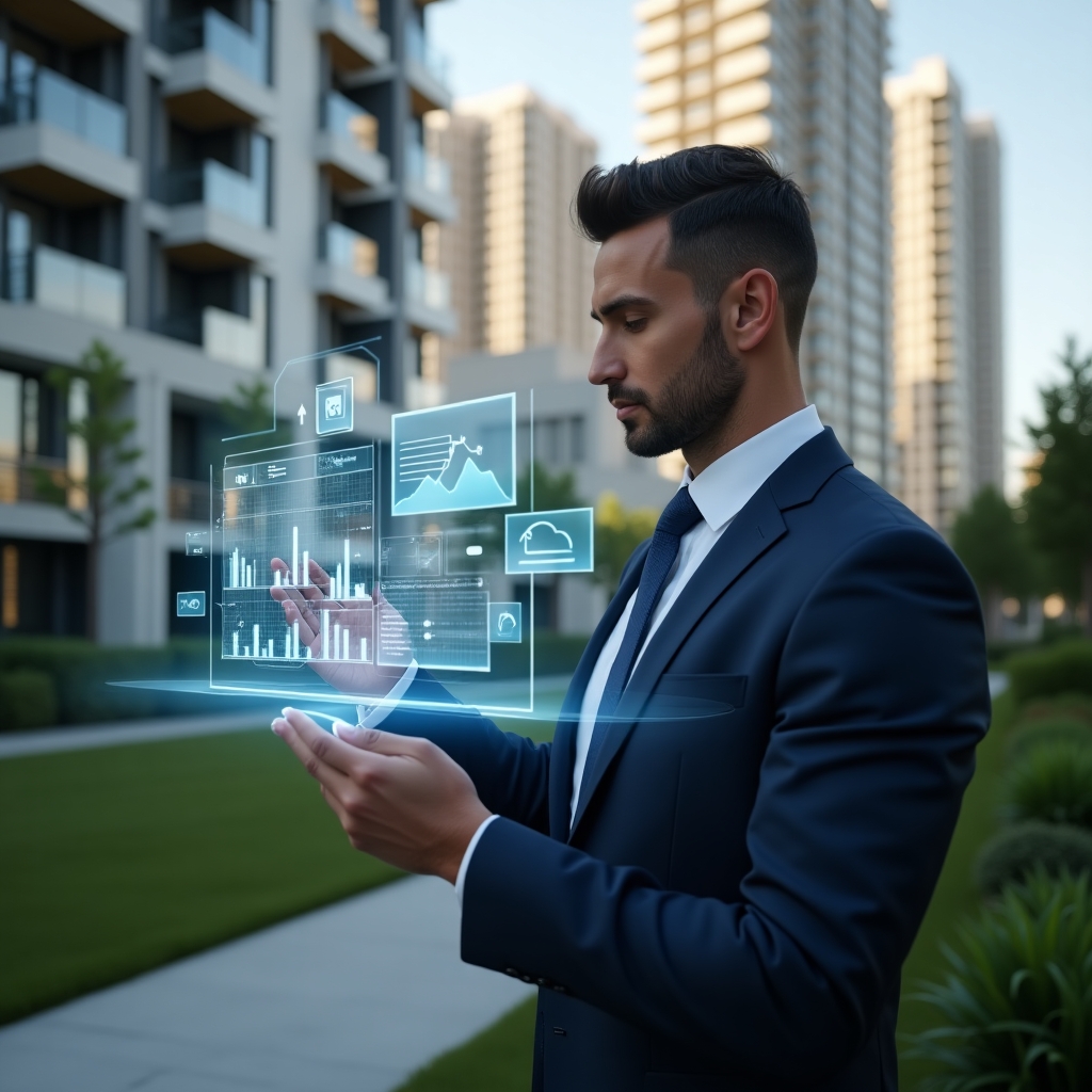 (Ultra-realistic condominium manager in a tailored navy suit, set in a modern luxury condominium environment with high-rise buildings and pristine green landscaping, examining a floating holographic financial report with digital charts and icons symbolizing transparency and accountability, cinematic lighting, shallow depth of field, highly detailed textures, realistic skin, photographic realism, 8k resolution --ar 1:1 --v 6)