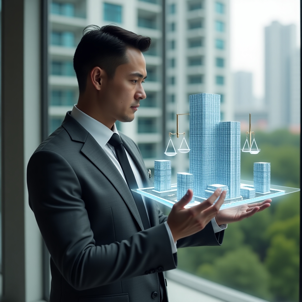 (Ultra-realistic condominium manager in a charcoal gray suit, set in a modern luxury condominium environment with high-rise buildings and green landscaping, confidently examining a holographic 3D chart of property valuation and legal documents, floating icons of buildings and scales of justice beside them, cinematic lighting, shallow depth of field, highly detailed textures, realistic skin, photographic realism, 8k resolution --ar 1:1 --v 6)