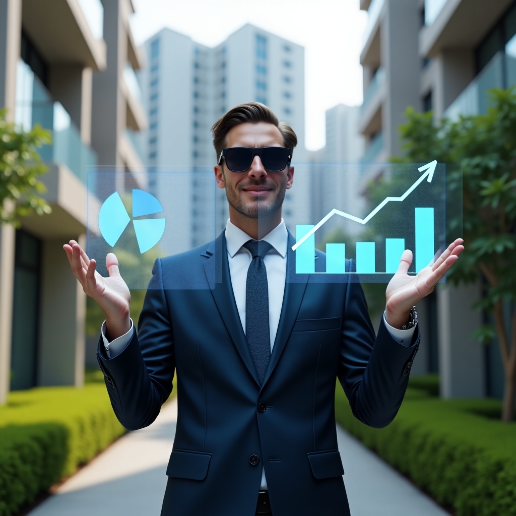 (Ultra-realistic condominium manager in a sleek navy suit, set in a modern luxury condominium environment with high-rise buildings and manicured green landscaping, mid-shot with the manager confidently presenting a holographic financial report displaying rising bar charts and pie graphs, cinematic lighting, shallow depth of field, highly detailed textures, realistic skin, photographic realism, 8k resolution --ar 1:1 --v 6)