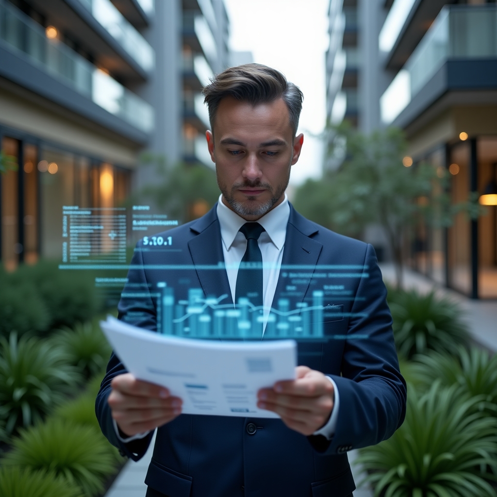 Ultra-realistic condo manager in a navy blue suit, set in a modern luxury condominium environment with high-rise buildings and meticulously landscaped greenery, holding a holographic financial report and analyzing floating digital charts, confident and focused expression, cinematic lighting, shallow depth of field, highly detailed textures, realistic skin, photographic realism, 8k resolution --ar 1:1 --v 6