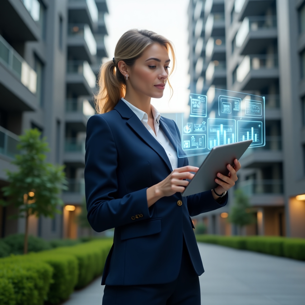 (Ultra-realistic condominium manager in a navy suit, set in a modern luxury condominium environment with high-rise buildings and manicured green landscaping, medium shot of a confident professional woman reviewing a digital tablet that projects holographic financial charts and accounting icons, cinematic lighting, shallow depth of field, highly detailed textures, realistic skin, photographic realism, 8k resolution --ar 1:1 --v 6)
