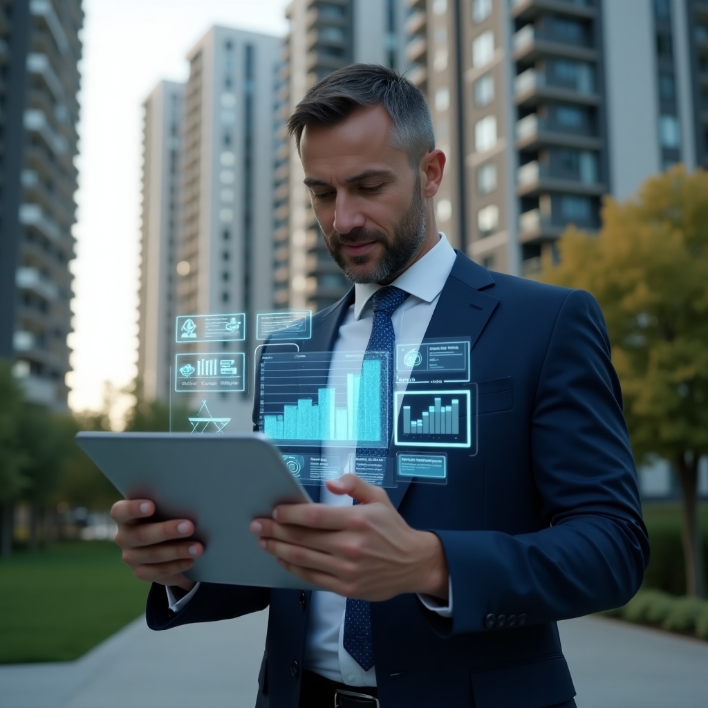 (Ultra-realistic property manager in a navy suit, set in a modern luxury condominium environment with high-rise buildings and green landscaping, confidently reviewing a holographic financial report with floating charts and icons while holding a digital tablet, cinematic lighting, shallow depth of field, highly detailed textures, realistic skin, photographic realism, 8k resolution --ar 1:1 --v 6)