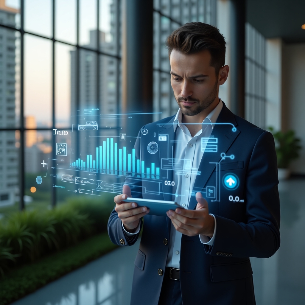 Ultra-realistic condominium manager in a dark blue suit, reviewing a floating holographic financial report with transparent charts and icons of trust and transparency, set in a modern luxury condominium environment with high-rise buildings and lush green landscaping, confident and focused expression, cinematic lighting, shallow depth of field, highly detailed textures, realistic skin, photographic realism, 8k resolution --ar 1:1 --v 6