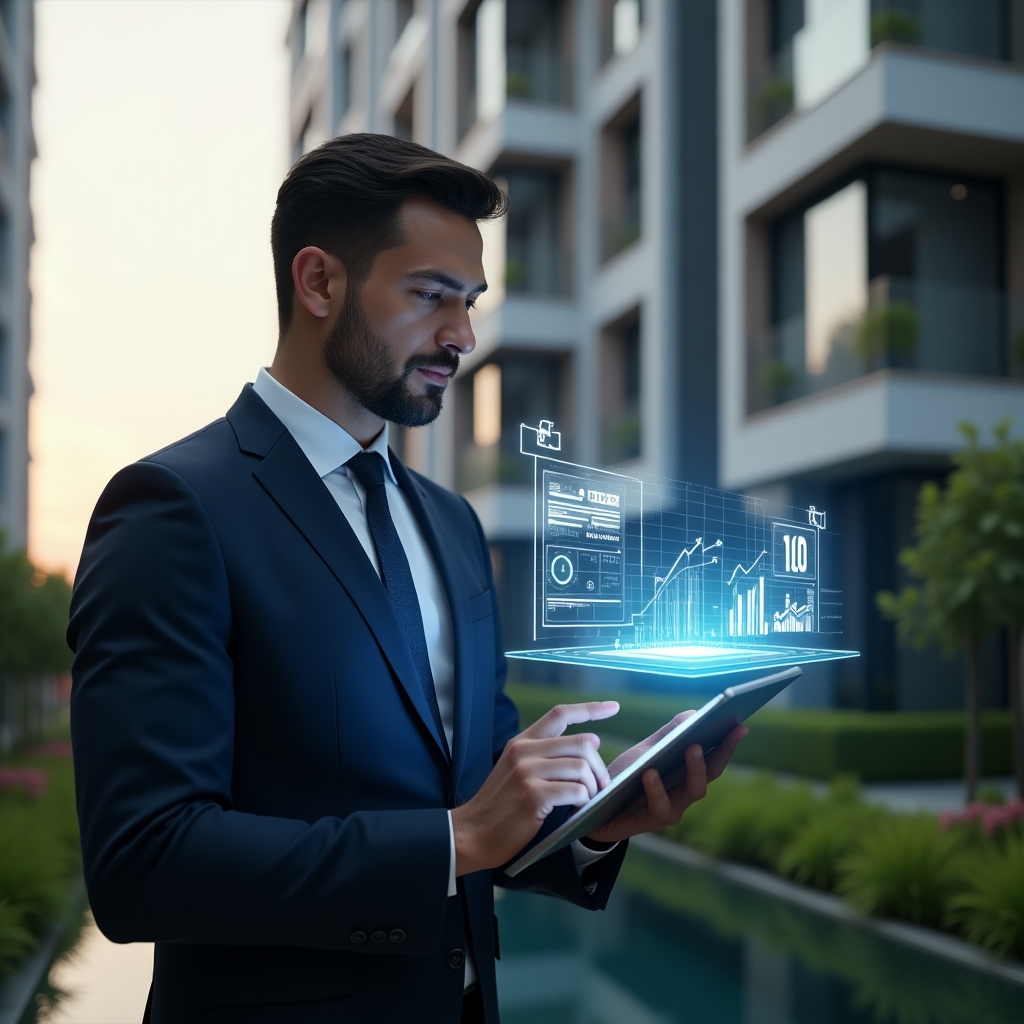 Ultra-realistic condominium manager in a tailored navy suit, set in a modern luxury condominium environment with high-rise buildings and meticulously landscaped gardens, reviewing a holographic contract projection on a sleek tablet while digital charts showing cost-reduction and technology icons float around, confident and focused expression, cinematic lighting, shallow depth of field, highly detailed textures, realistic skin, photographic realism, 8k resolution --ar 1:1 --v 6